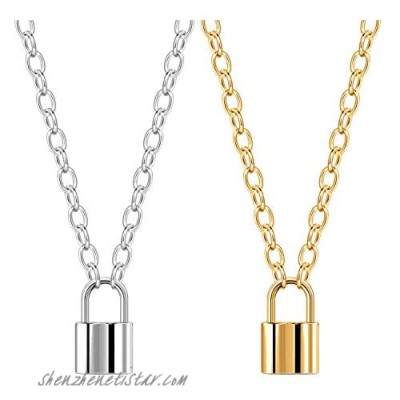 2PCS Lock Pendant Necklace Simple Punk Padlock Chain Link Necklaces for Men Women-Gold and White gold
