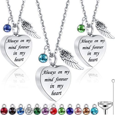 3 Pieces Cremation Urn Necklace Heart Ashes Necklace Angel Wings and Birthstones Pendent Necklace Stainless Steel Keepsake Necklace Waterproof Memorial Pendant Always on My Mind Forever in My Heart