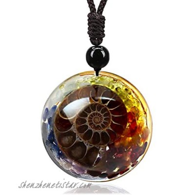 7 Chakra Natural Healing Crystal Necklace Adjustable Resin Ammonite Fossil Energy Stone Spiral Pendant Shield Spiritual Jewelry Gift for Women Men