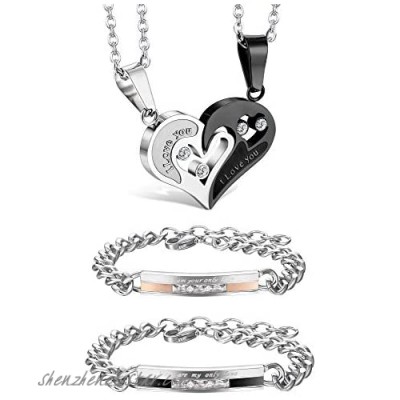 Jstyle 4Pcs Couple Necklace Bracelets Matching Set for Women Men Love Heart Pendant Necklace His & Hers Bracelets Couple Gift