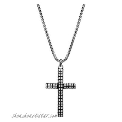 Steve Madden 28 Inch Oxidized Stainless Steel Box Chain Textured Cross Pendant Necklace For Men