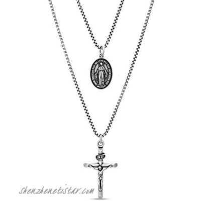 Steve Madden 28" Oxidized Stainless Steel Box Chain Cross and Marie Concue Sans Peche Oval Medallion Duo Pendant Necklace For Men