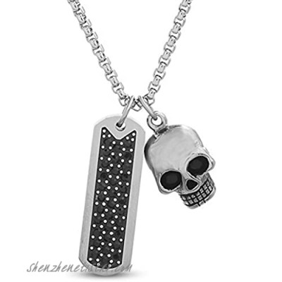Steve Madden Oxidized Stainless Steel Black Crystal Bar and Skull Necklace for Men 26 inch Box Chain