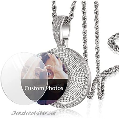 YIMERAIRE Custom Picture Necklace for Men Custom Photo Around Pendant Necklace Rope Chain Personalized AAA Cubic Zirconia Hamsa Hand Necklace Bling Hip Hop Jewelry for Men