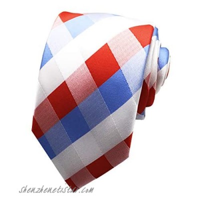 MENDENG Red Blue White Silk Plaid Checks Jacquard Woven Men's Tie Party Necktie