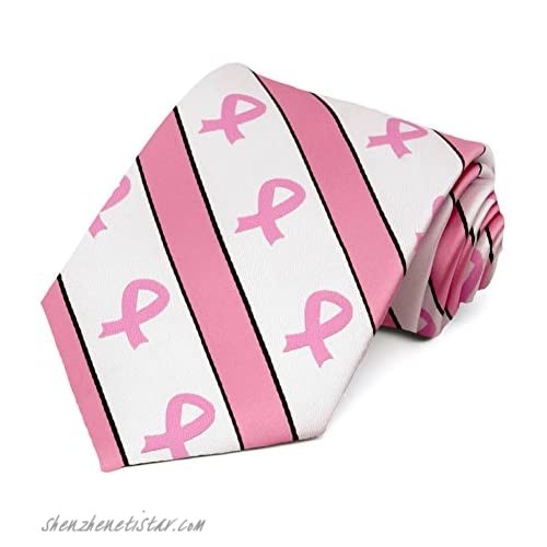 TieMart Pink Ribbon Breast Cancer Awareness Striped Tie in White