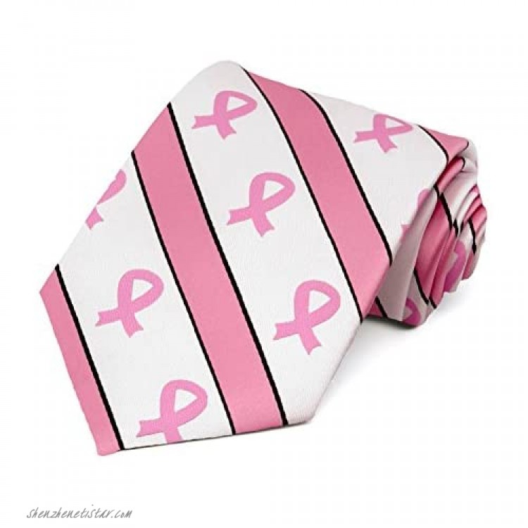 TieMart Pink Ribbon Breast Cancer Awareness Striped Tie in White