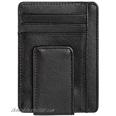 Genuine Leather Magnetic Front Pocket Money Clip Slim Minimalist Wallet (Black)